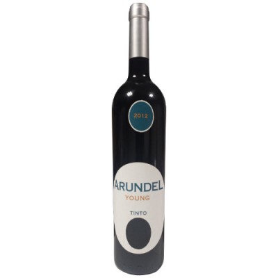 Garrafa de vinho tinto Arundel Young 2012 com rótulo branco e azul