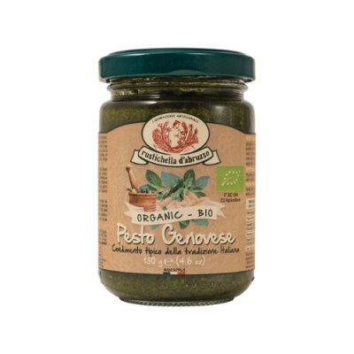 Frasco de vidro com pesto Genovese orgânico com rótulo castanho e tampa verde