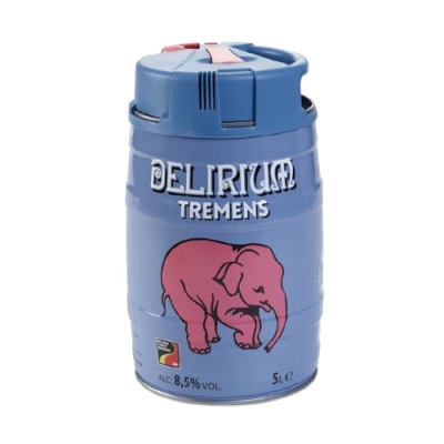Barril de cerveja azul Delirium Tremens com elefante rosa