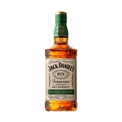 Garrafa de whisky Jack Daniel's Tennessee Straight Rye com rótulo creme e tampa verde
