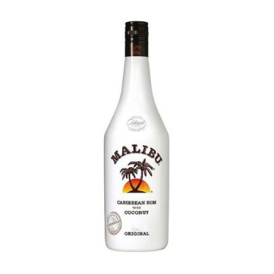 Garrafa branca de Malibu Caribbean Rum com tampa preta e texto distintivo