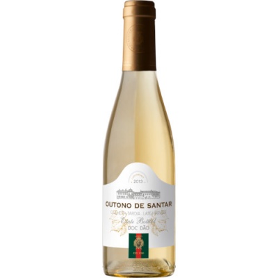 Garrafa de vinho branco Outono de Santar 2013 com rótulo branco e dourado