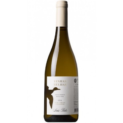 Garrafa de vinho branco com rótulo branco e texto VINHAS VELHAS 2016 Luis Pato