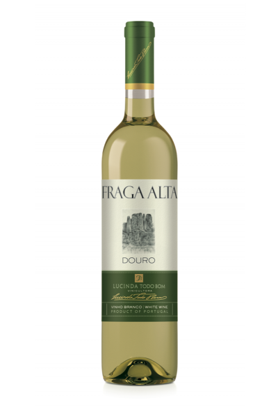 Garrafa de vinho branco Fraga Alta Douro com rótulo branco e verde