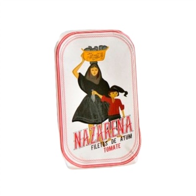 Lata de filetes de atum Nazarena com tomate e ilustração tradicional
