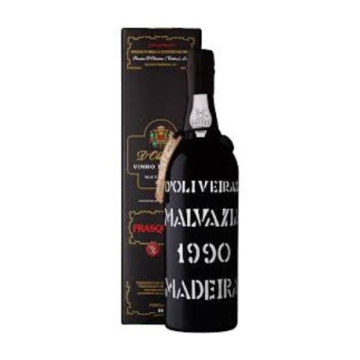 Garrafa de vinho DOliveiras Malvasia 1990 Madeira com caixa preta