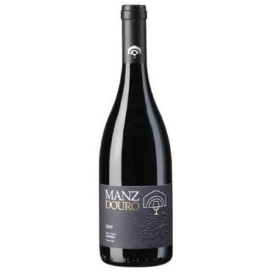 Garrafa de vidro escuro com rótulo preto e cinzento