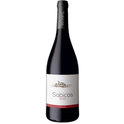 Garrafa de vinho tinto Sabicos com etiqueta branca e detalhe vermelho