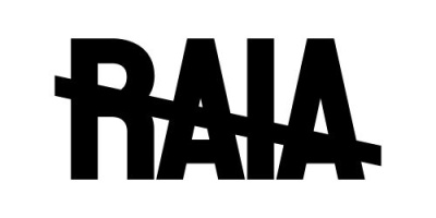 Logótipo preto RAIA em fundo branco com letras sobrepostas