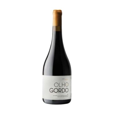 Garrafa de vinho tinto com rótulo branco OLHO GORDO e rolha de cortiça