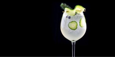 Copo de vidro com bebida e decoração de pepino e mirtilos