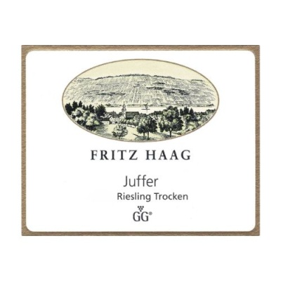 Etiqueta de vinho Fritz Haag Juffer Riesling Trocken GG com desenho de paisagem preto e branco
