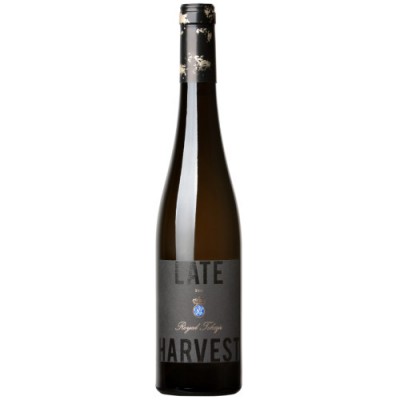 Garrafa de vinho com rótulo preto e texto 'LATE HARVEST'