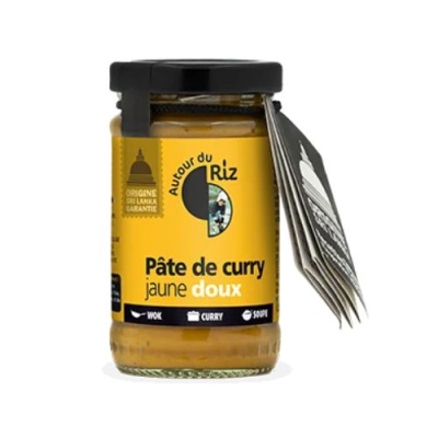 Frasco de pasta de curry amarela suave Autour du Riz com rótulo amarelo e tampa preta