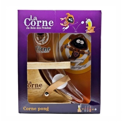 Conjunto cálice e corno de vidro com suporte de madeira em caixa roxa