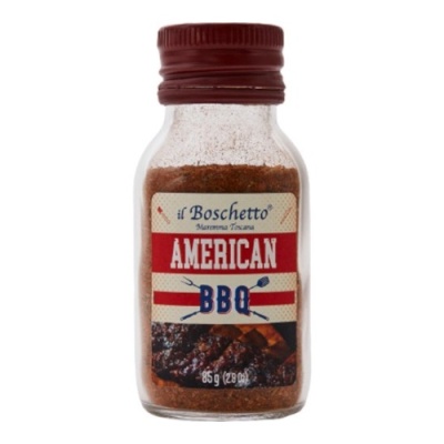 Frasco de tempero American BBQ da marca il Boschetto com tampa vermelha.