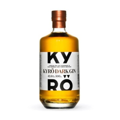 Garrafa de gin KYRÖ DARK GIN com rótulo branco e texto em preto.