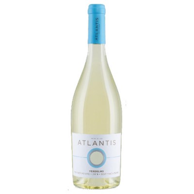 Garrafa de vinho branco Atlantis Vendémia com rótulo branco e azul claro