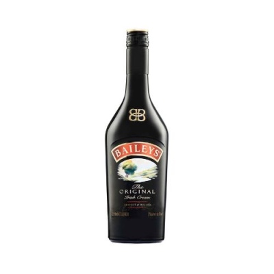 Garrafa preta de licor Baileys The Original Irish Cream com tampa preta e rótulo colorido.