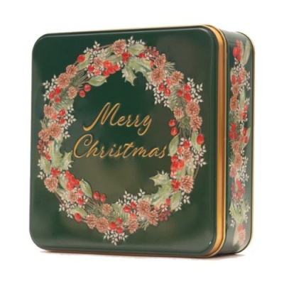 Caixa metálica verde escura com coroa de Natal e texto Merry Christmas