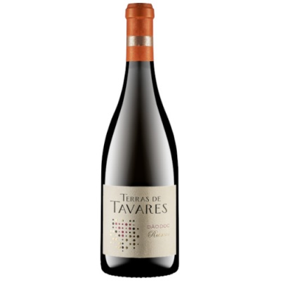 Garrafa de vinho Terras de Tavares Reserva com rótulo branco e tampa laranja.