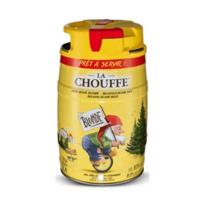 Mini barril amarelo La Chouffe de cerveja belga com gnomo e texto