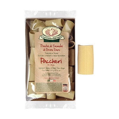 Pacote de massa Paccheri de sêmola de trigo duro com rótulo em italiano