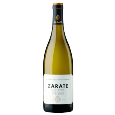 Garrafa de vinho branco Zarate com rótulo branco e texto preto e dourado.