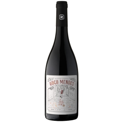Garrafa de vinho tinto Hugo Mendes com rótulo ilustrado e tampo negro.