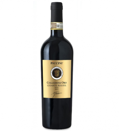 Garrafa de vinho tinto Piccini Collezione Oro Chianti Riserva 2012 com rótulo creme