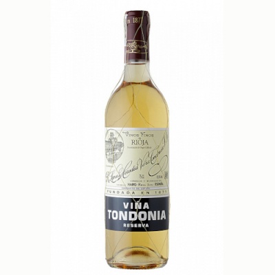 Garrafa de vinho branco Viña Tondonia Reserva com rótulo branco e azul