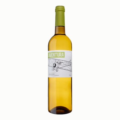 Garrafa de vinho branco Aventura com rótulo de avião e tampa verde