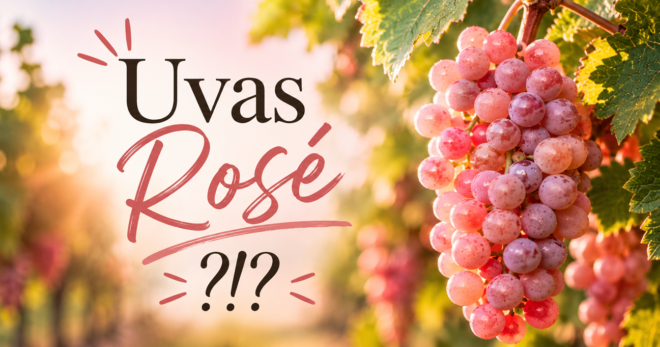 Cachos de uvas rosé em videira num vinhedo com texto Uvas Rosé?!?