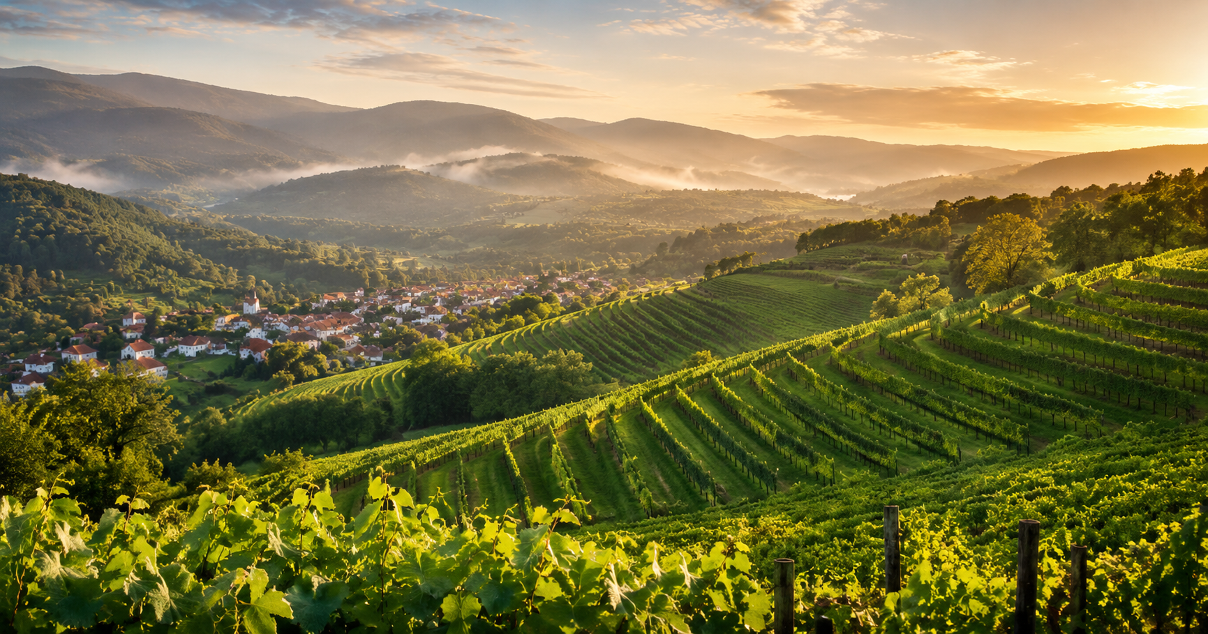 Vinhas em socalcos verdes com montanhas e vila ao fundo ao pôr do sol