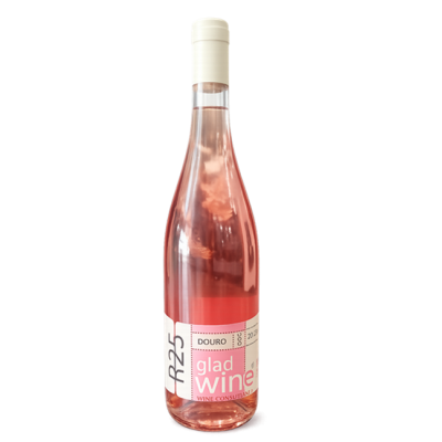 Garrafa de vinho rosé com rótulo branco e rosa
