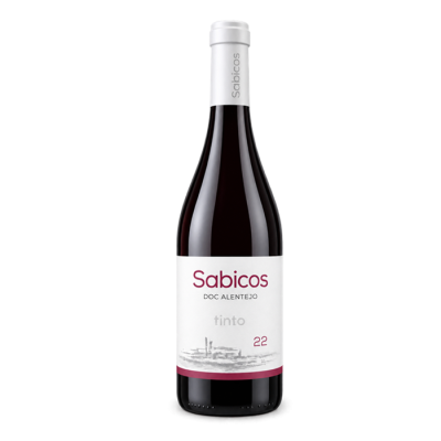 Garrafa de vinho tinto Sabicos DOC Alentejo com rótulo branco