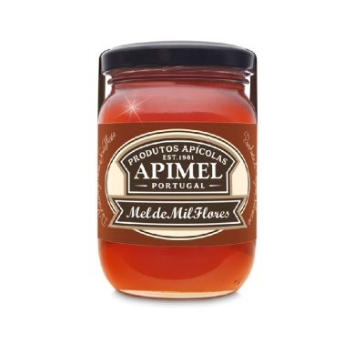 Frasco de mel Apimel com rótulo castanho e creme