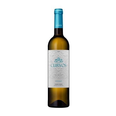 Garrafa de vinho verde CURVOS Avesso 2018 com rótulo branco e azul