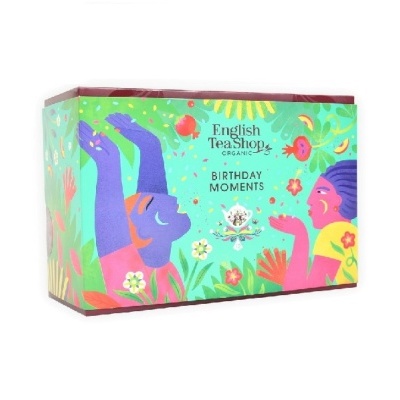 Caixa de chá English Tea Shop Birthday Moments com design colorido e ilustrações de pessoas