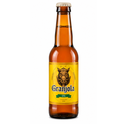 Garrafa de cerveja Granjola IPA com rótulo amarelo e imagem de javali com coroa