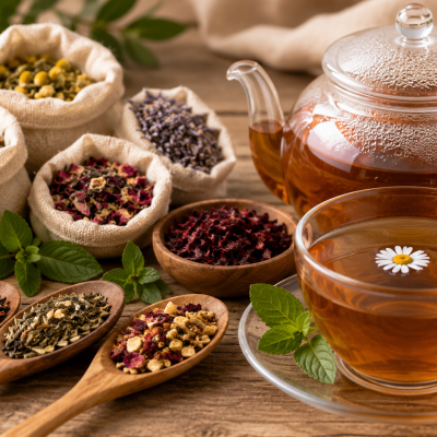 Chávena e chaleira de vidro com chá e diferentes tipos de chá seco em saquinhos e tigelas de tecido e madeira