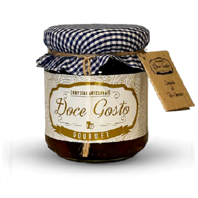 Frasco de compota artesanal Doce Gosto com tampa de tecido azul e branco xadrez