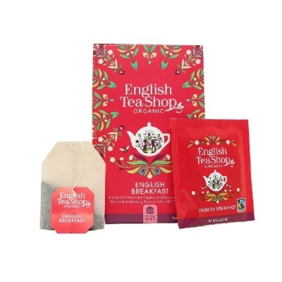 Chá English Tea Shop Organic English Breakfast com caixa vermelha, tea bag e sachê