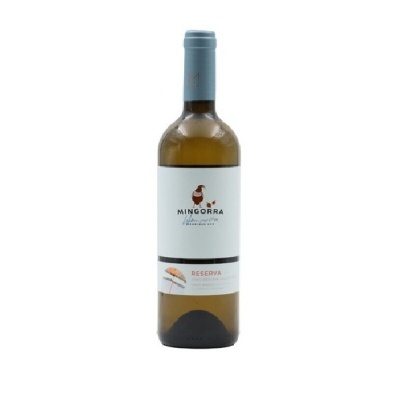 Garrafa de vinho branco Mingorra Reserva com rótulo branco e tampa azul clara