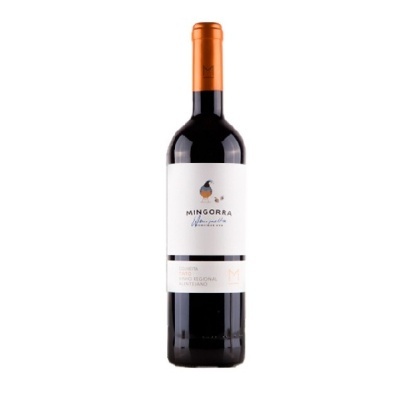 Garrafa de vinho tinto Mingorra com rótulo branco e cápsula laranja