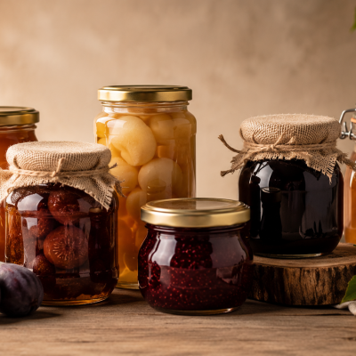 Frascos de compotas e conservas de frutas em mesa de madeira com folhas verdes