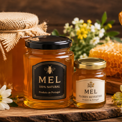 Frascos de mel com etiquetas e pano de juta, favo de mel e flores decorativas