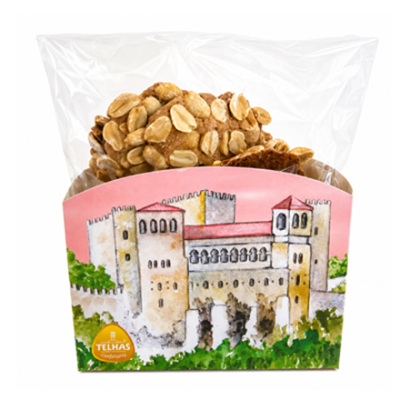 Pacote de biscoitos com amendoim e embalagem com ilustração de castelo