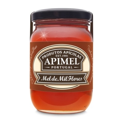 Frasco de mel Apimel Mel de Mil Flores com rótulo castanho e bege