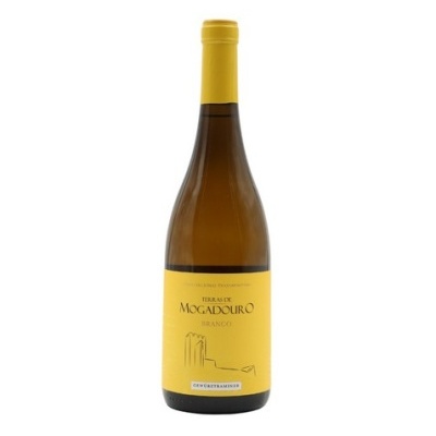 Garrafa de vinho branco Terras de Mogadouro com rótulo amarelo
